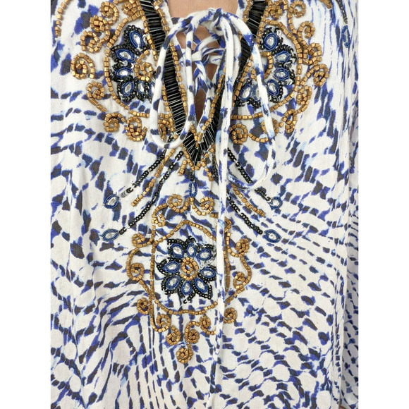 Soft Surroundings XL Blue White Tie Dye Beaded Laced Tie Rayon Tunic - Picture 5 of 10